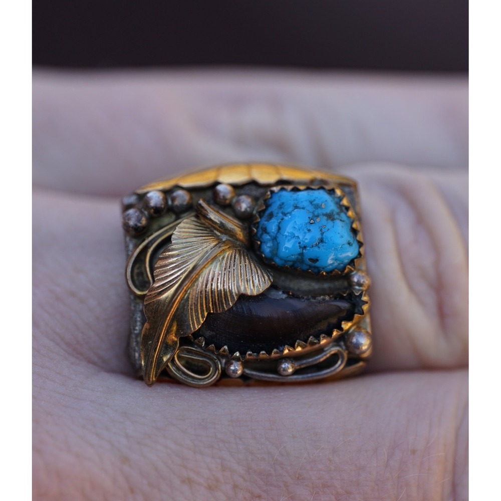 Old Pawn Native American Indian Sterling Silver Gold Fill Turqiouse Ring Size 11